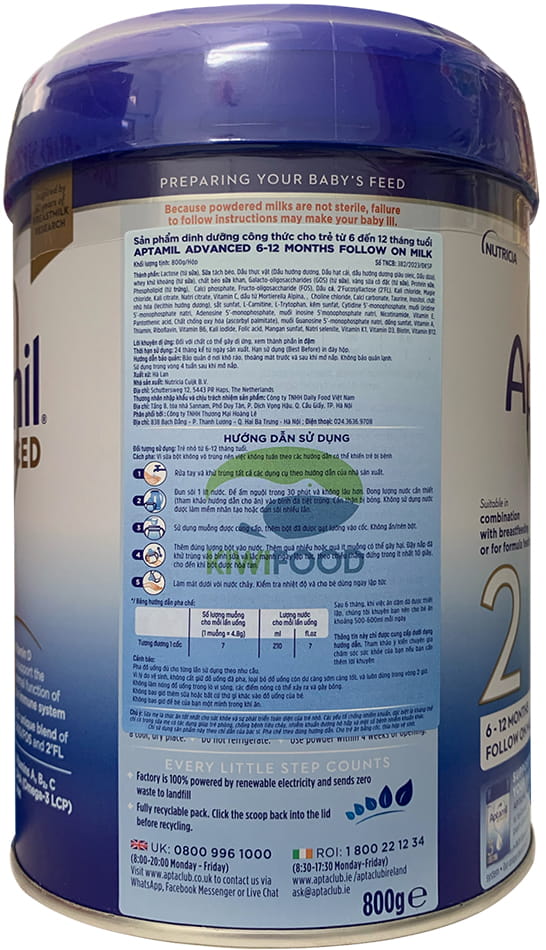 Sữa Aptamil Advanced Anh số 2 lon 800g cho trẻ 6-12 tháng tuổi