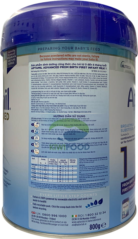 sữa aptamil anh advanced số 1 lon 800g cho trẻ 0-6 tháng tuổi