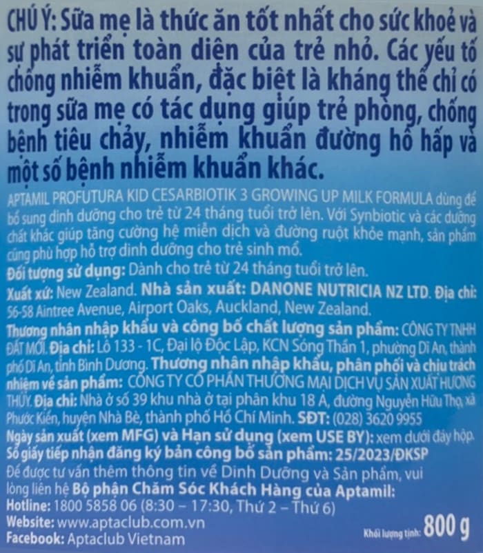 Sữa Aptamil Profutura Kid số 3 800g New Zealand cho trẻ từ 2 tuổi