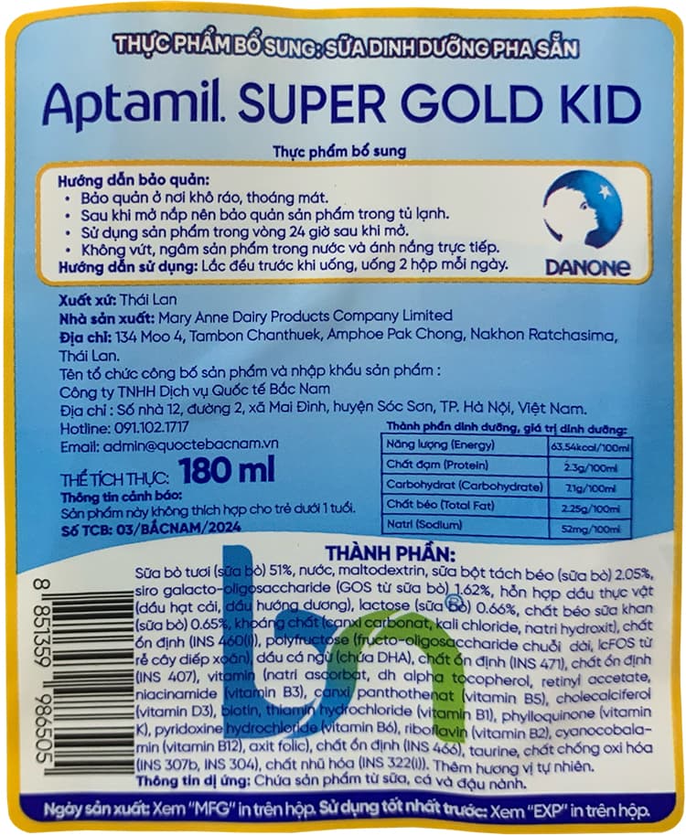 Sữa pha sẵn Aptamil Super Gold Kid hộp 180ml cho trẻ từ 1 tuổi