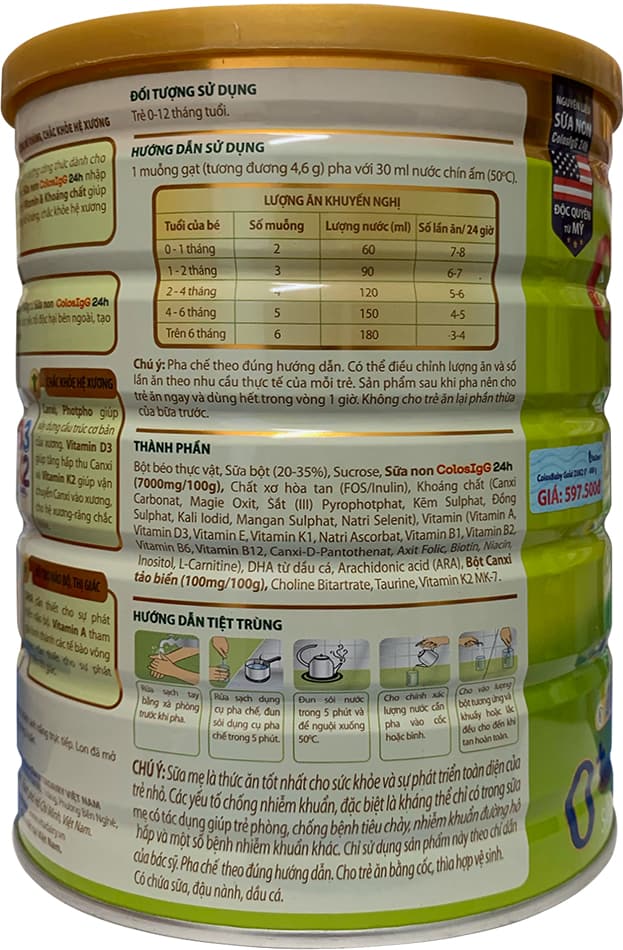 Sữa ColosBaby D3K2 Gold 0+ lon 800g cho trẻ 0-12 tháng