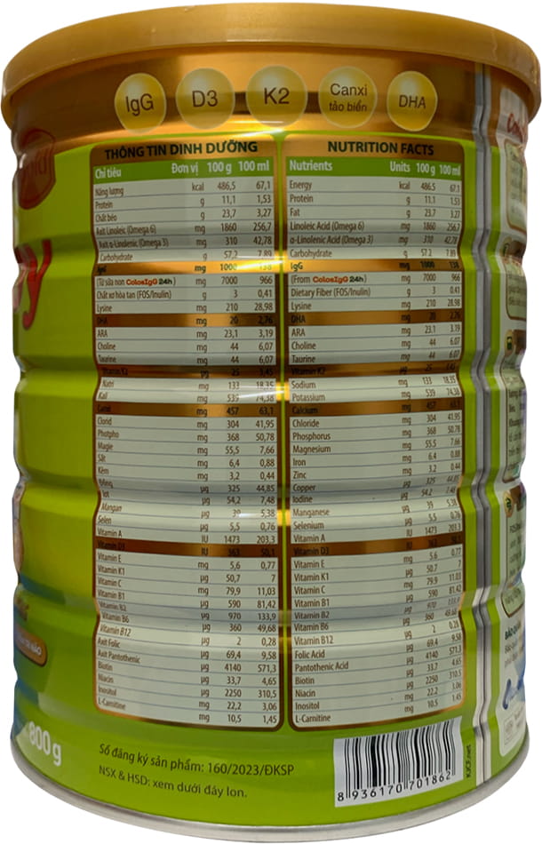 Sữa ColosBaby D3K2 Gold 0+ lon 800g cho trẻ 0-12 tháng