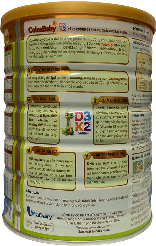 Sữa ColosBaby D3K2 Gold 0+ lon 800g cho trẻ 0-12 tháng