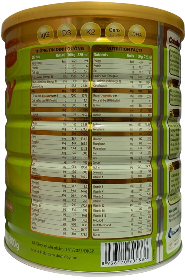 Sữa ColosBaby D3K2 Gold 1+ lon 800g cho trẻ 1-2 tuổi