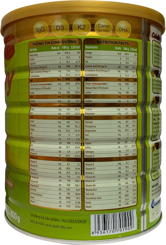 Sữa ColosBaby D3K2 Gold 2+ lon 800g cho trẻ trên 2 tuổi