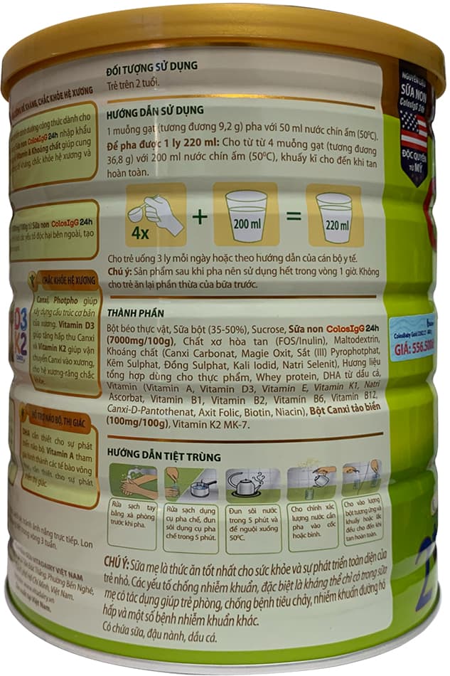 Sữa ColosBaby D3K2 Gold 2+ lon 800g cho trẻ trên 2 tuổi