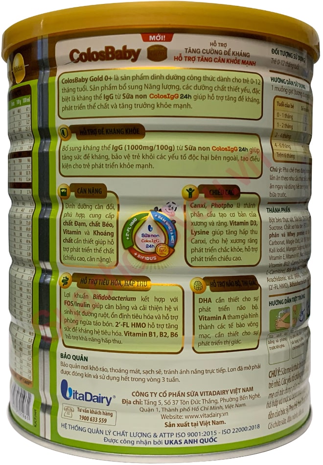 Sữa ColosBaby Gold 0+ vị thanh nhạt lon 800g cho trẻ 0-12 tháng