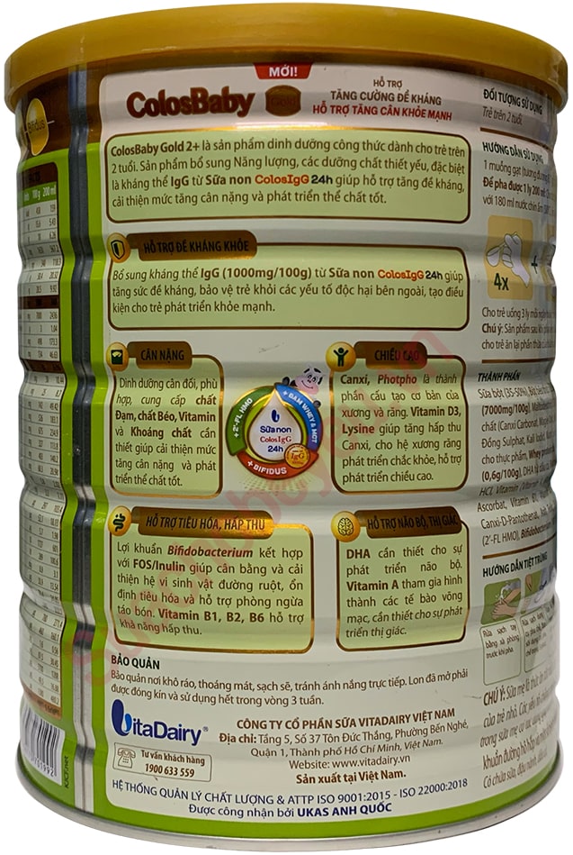 Sữa ColosBaby Gold 2+ vị thanh nhạt lon 800g cho trẻ từ 2 tuổi