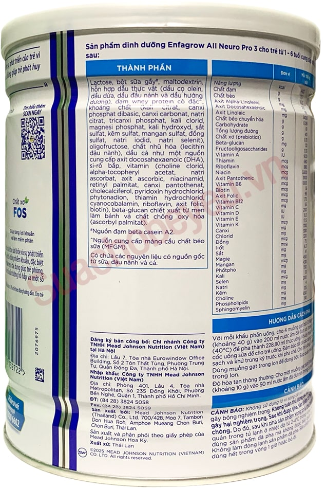Sữa Enfagrow đạm A2 NeuroPro số 3 lon 800g cho trẻ từ 1-6 tuổi
