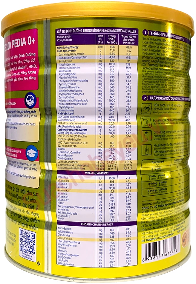 Sữa Care 100 Pedia 0+ lon 800g cho trẻ từ 0-12 tháng tuổi