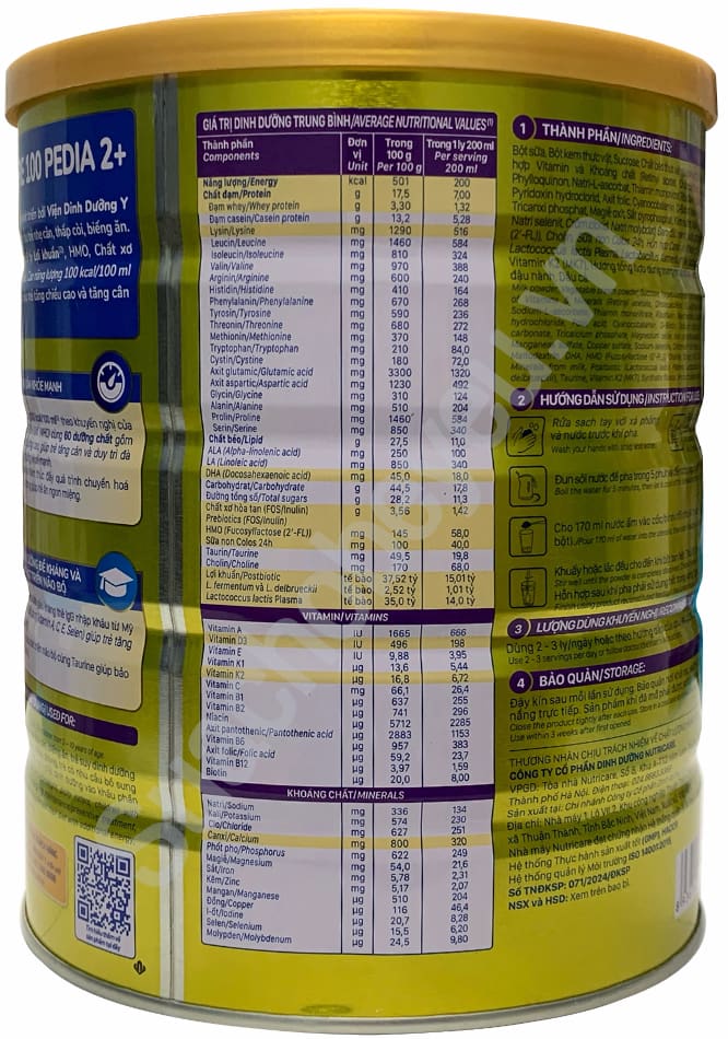 Sữa Care 100 Pedia 2+ cho trẻ từ 2-10 tuổi lon 850g