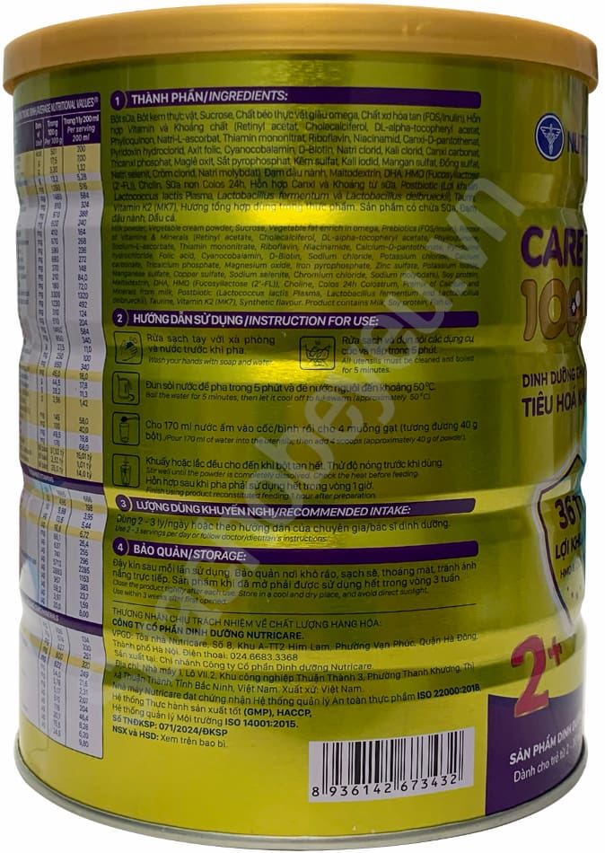 Sữa Care 100 Pedia 2+ cho trẻ từ 2-10 tuổi lon 850g