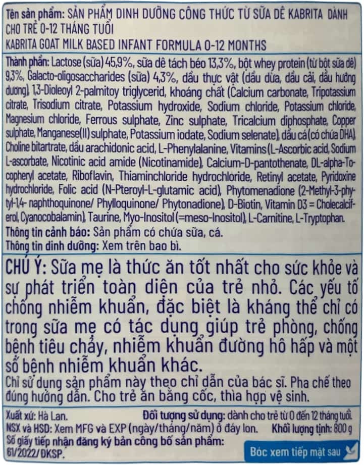 Sữa dê Kabrita số 1 lon 800g cho trẻ 0-12 tháng