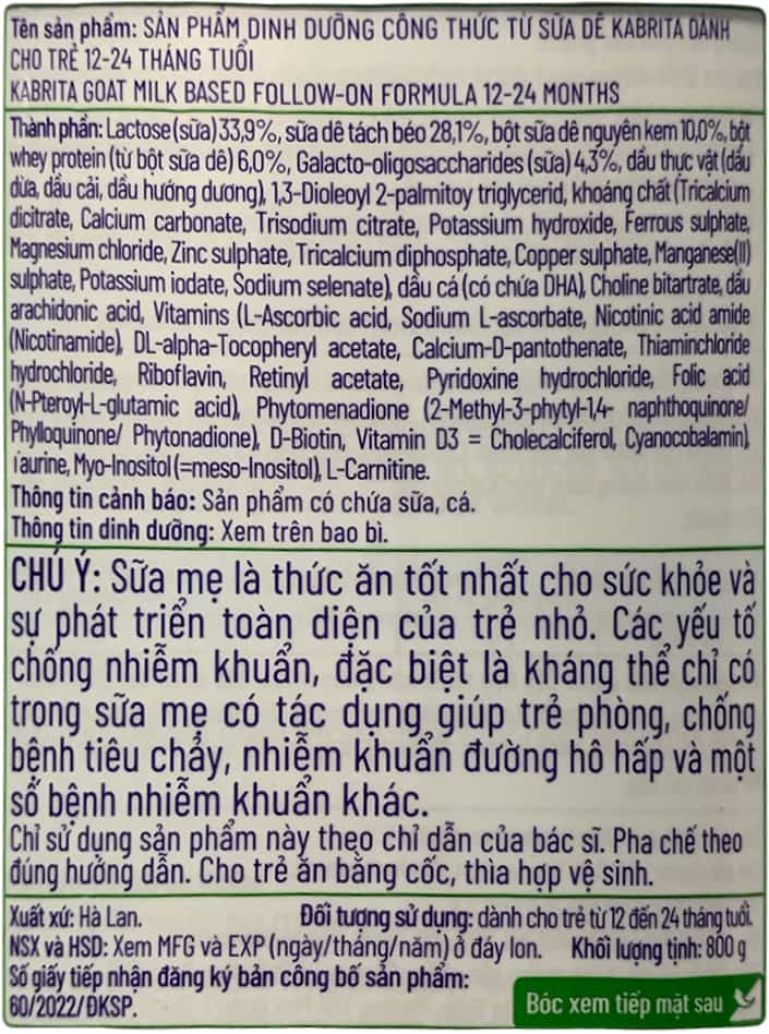 Sữa dê Kabrita số 2 lon 800g cho trẻ 12-24 tháng