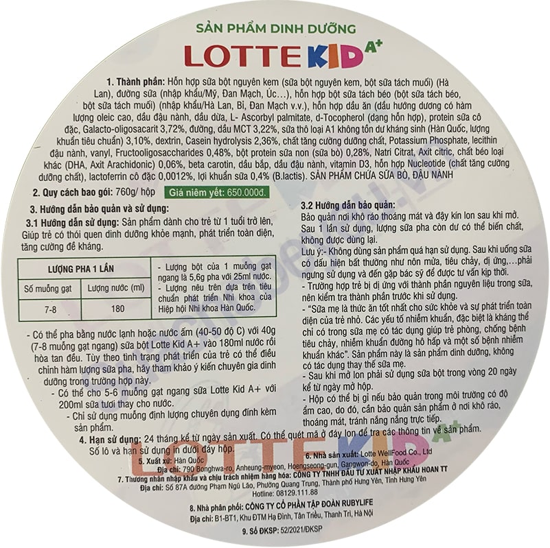 Sữa tăng chiều cao Lotte Kid A+ lon 760g Hàn Quốc cho trẻ 1-10 tuổi