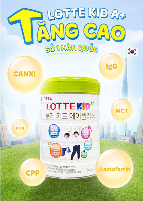 Sữa tăng chiều cao Lotte Kid A+ Hàn Quốc lon 760g cho trẻ 1-10 tuổi
