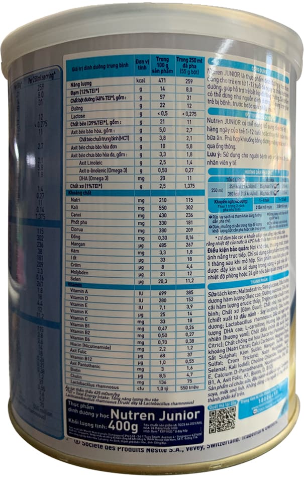 Sữa bột Nutren Junior lon 400g cho trẻ 1-12 tuổi