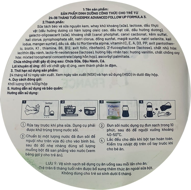 Sữa Kidsmix Advanced số 3 400g cho trẻ từ 24-36 tháng tuổi