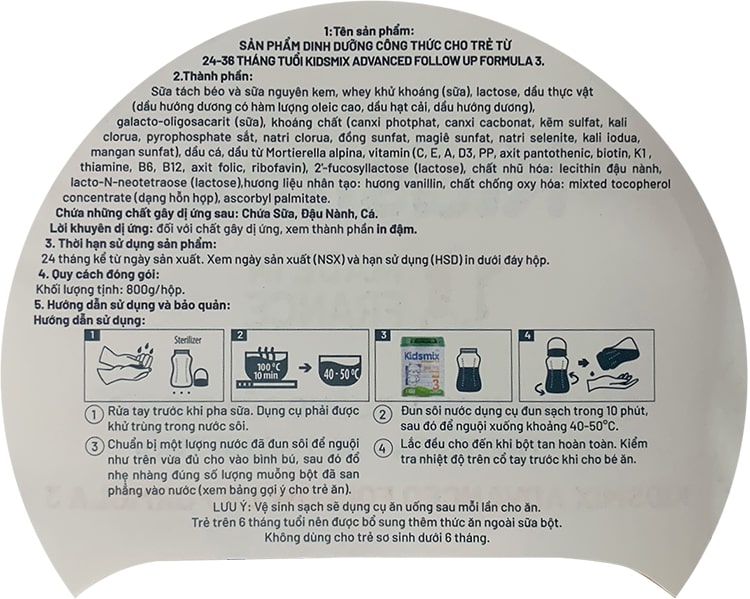 Sữa Kidsmix Advanced số 3 800g cho trẻ từ 24-36 tháng tuổi