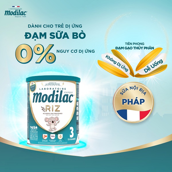 Sữa Modilac Expert Riz 3 lon 800g cho trẻ dị ứng đạm bò 1-3 tuổi