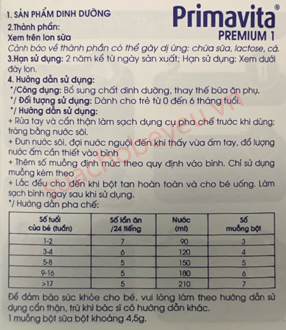 Sữa Primavita Premium số 1 lon 400g cho trẻ từ 0-6 tháng