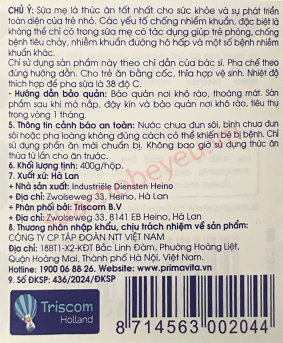 Sữa Primavita Premium số 1 lon 400g cho trẻ từ 0-6 tháng