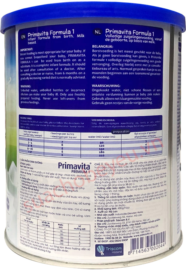 Sữa Primavita Premium số 1 lon 400g cho trẻ từ 0-6 tháng