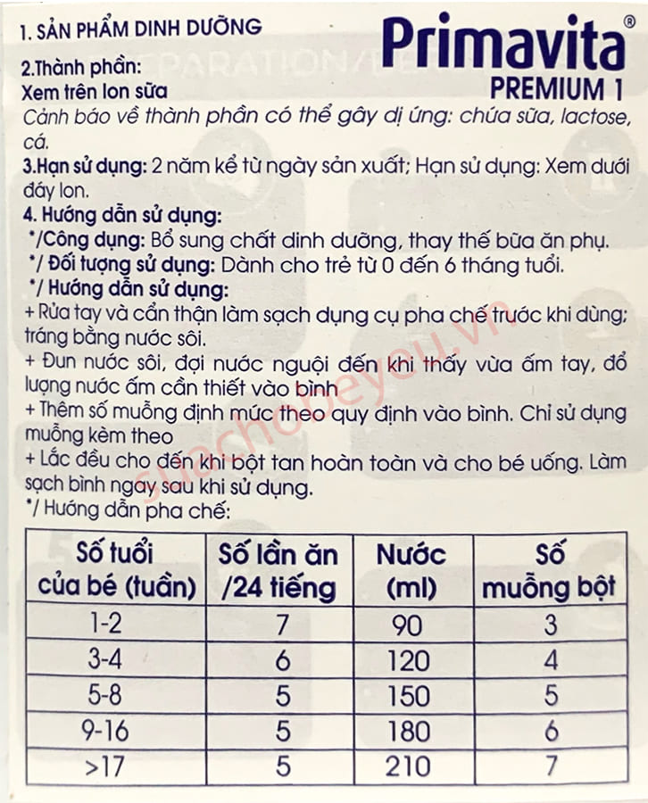 Sữa Primavita Premium số 1 lon 800g cho trẻ từ 0-6 tháng