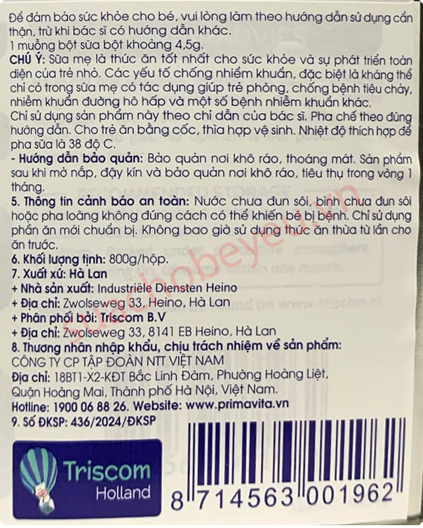 Sữa Primavita Premium số 1 lon 800g cho trẻ từ 0-6 tháng