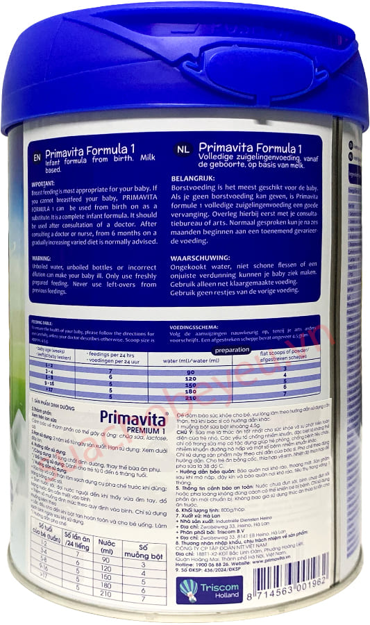 Sữa Primavita Premium số 1 lon 800g cho trẻ từ 0-6 tháng