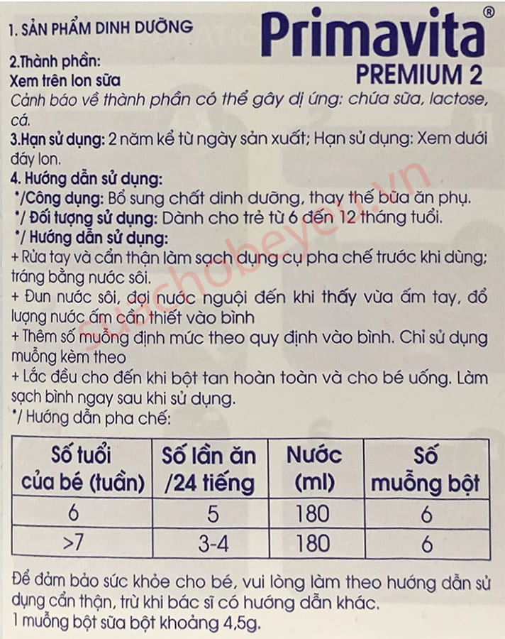 Sữa Primavita Premium số 2 lon 800g cho trẻ từ 6-12 tháng