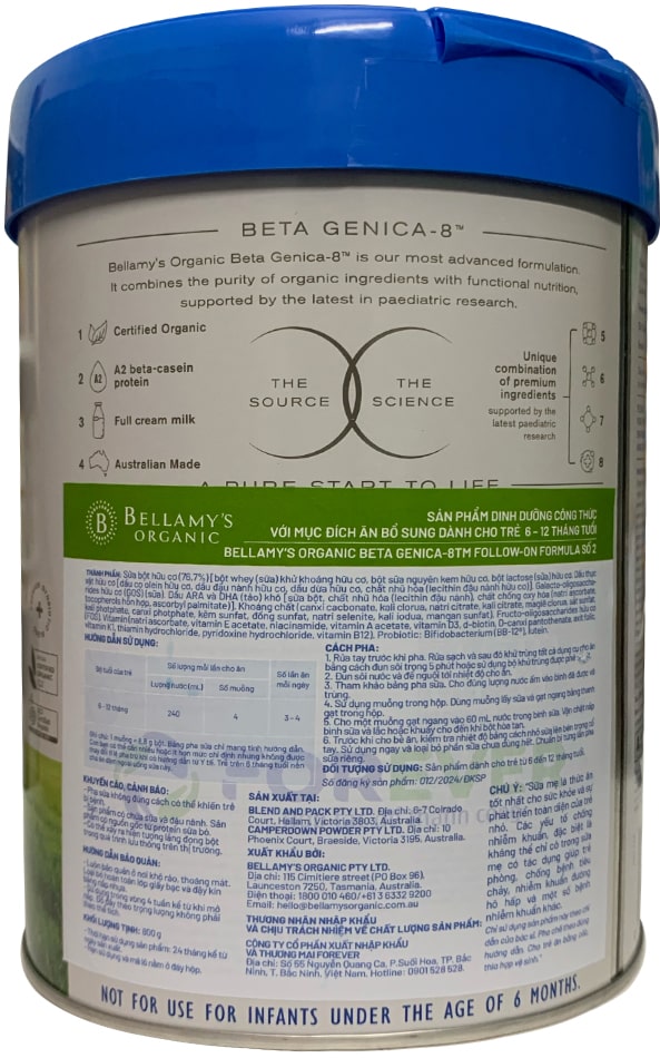 Sữa Bellamy's Organic đạm A2 số 2 lon 800g cho trẻ 6-12 tháng tuổi