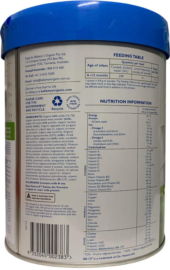 Sữa Bellamy's Organic đạm A2 số 2 lon 800g cho trẻ 6-12 tháng tuổi