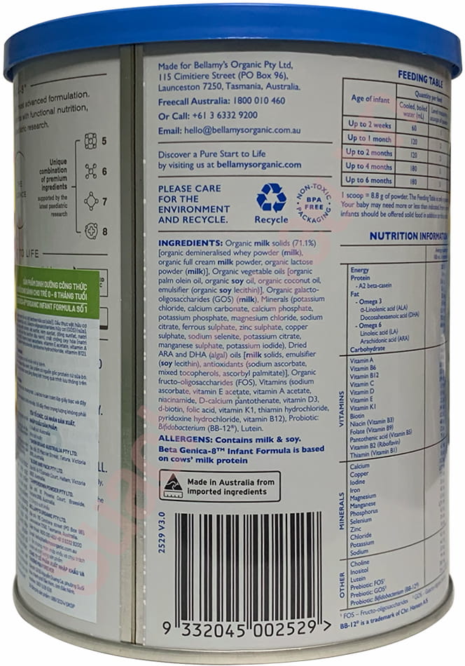 Sữa Bellamy's Organic đạm A2 số 1 lon 350g cho trẻ 0-6 tháng tuổi