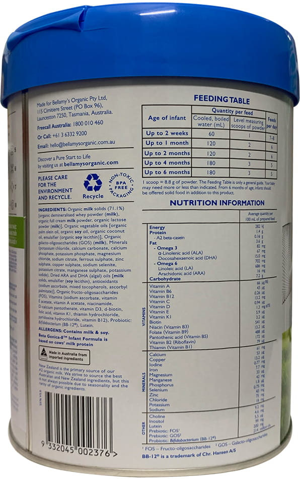 Sữa Bellamy's Organic đạm A2 số 1 lon 800g cho trẻ 0-6 tháng tuổi