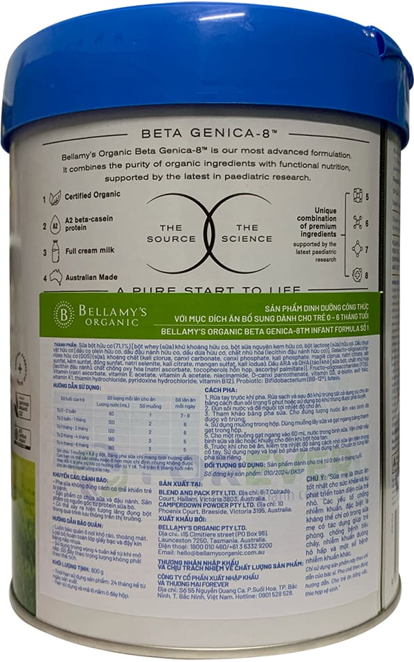Sữa Bellamy's Organic đạm A2 số 1 lon 800g cho trẻ 0-6 tháng tuổi