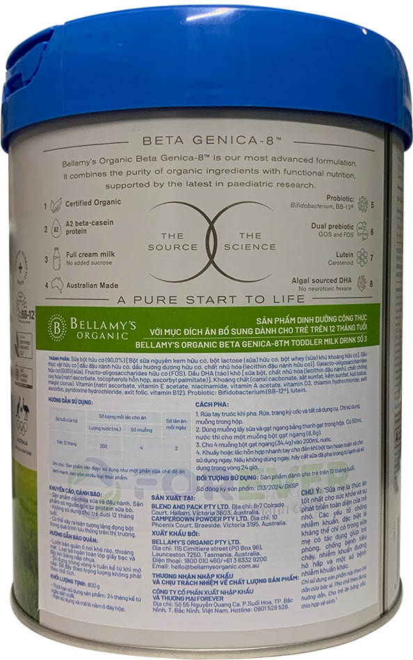 Sữa Bellamy's Organic đạm A2 số 3 lon 800g cho trẻ trên 12 tháng tuổi
