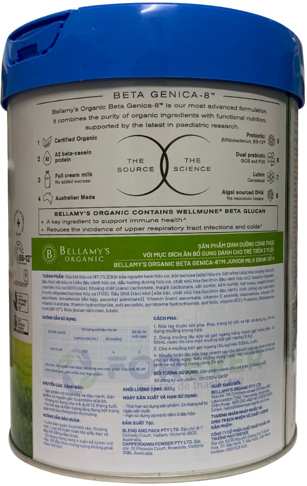 Sữa Bellamy's Organic đạm A2 số 4 lon 800g cho trẻ trên 2 tuổi
