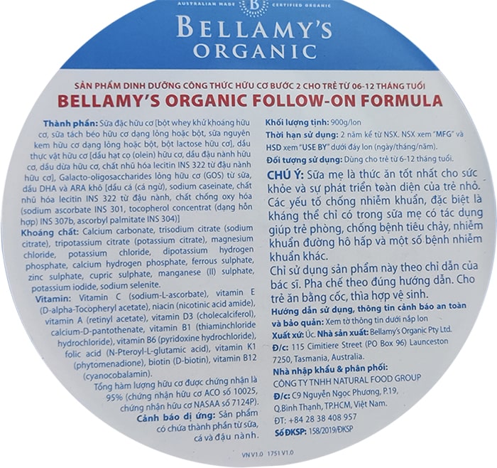 Sữa Bellamy's organic 8 HMOs số 2 lon 800g cho trẻ 6-12 tháng tuổi