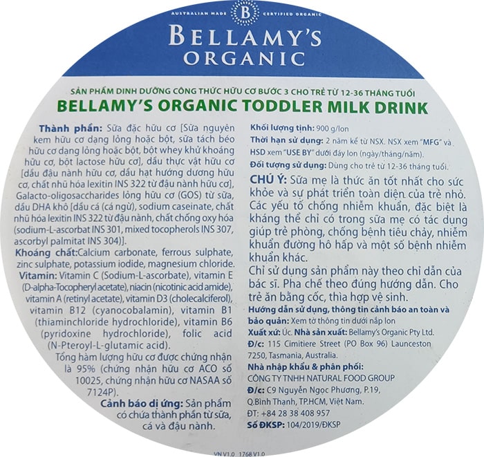 Sữa Bellamy's Organic Úc 8 HMO số 3 lon 800g cho trẻ 1-3 tuổi