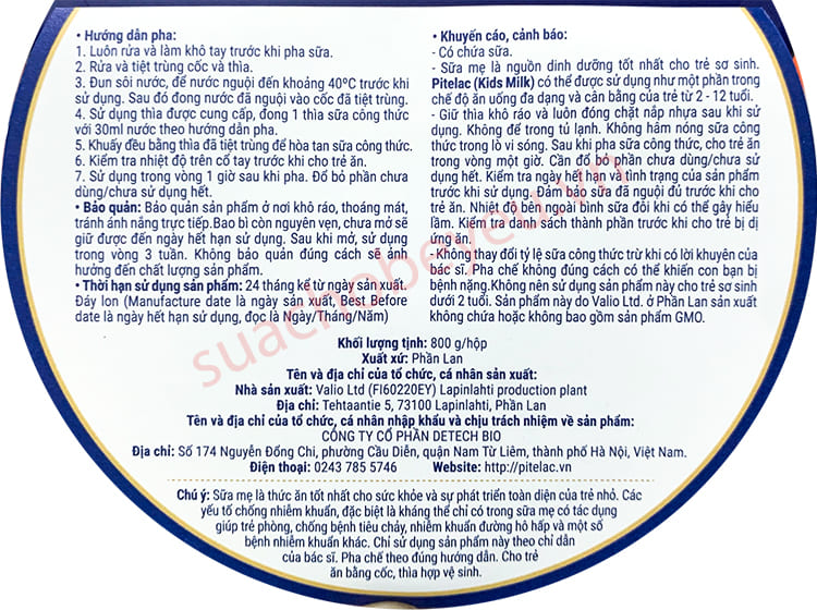 Sữa tăng chiều cao Pitelac lon 800g cho trẻ từ 2-12 tuổi