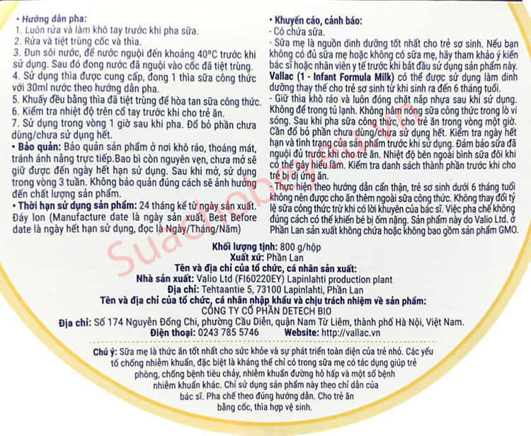 Sữa Vallac số 1 lon 800g cho trẻ từ 0-6 tháng