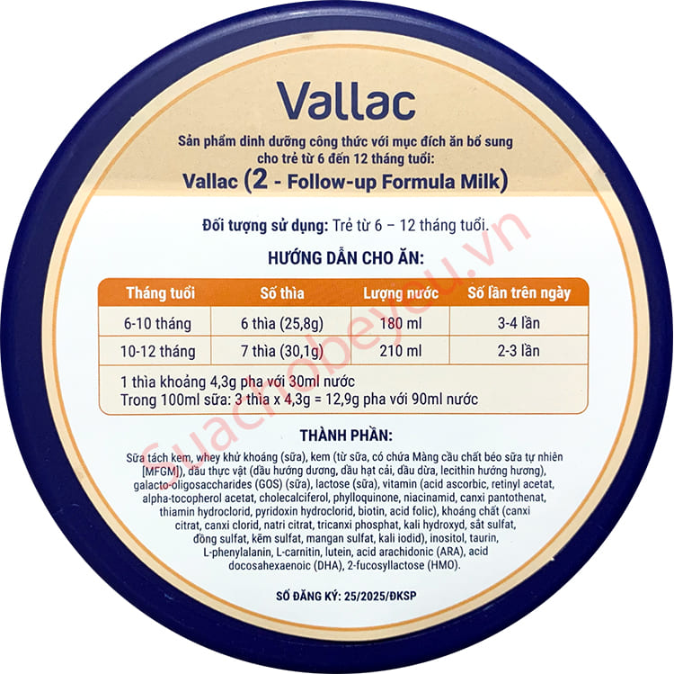 Sữa Vallac số 2 lon 800g cho trẻ từ 6-12 tháng