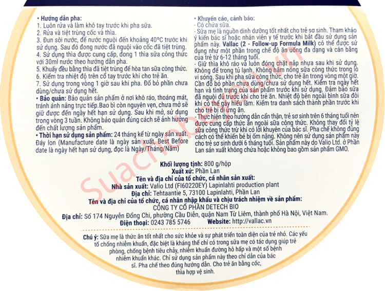 Sữa Vallac số 2 lon 800g cho trẻ từ 6-12 tháng