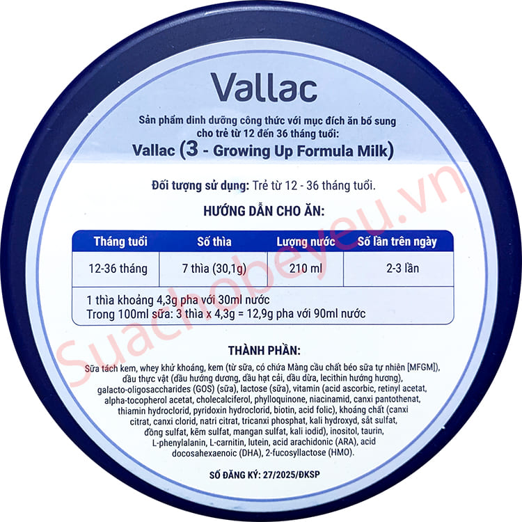 Sữa Vallac số 3 lon 800g cho trẻ từ 1-3 tuổi