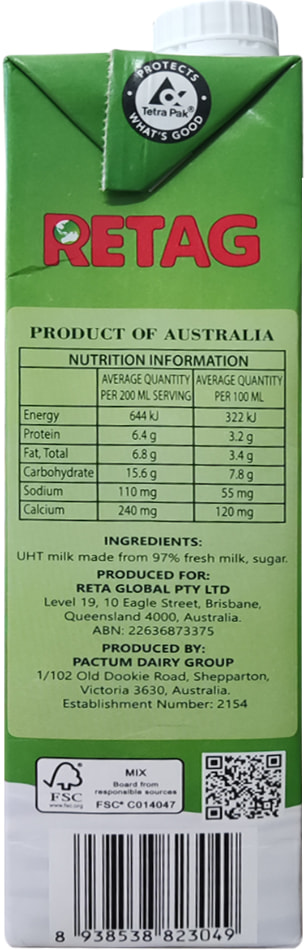 Sữa tươi Reta Milk Úc Ít đường hộp 1 Lít