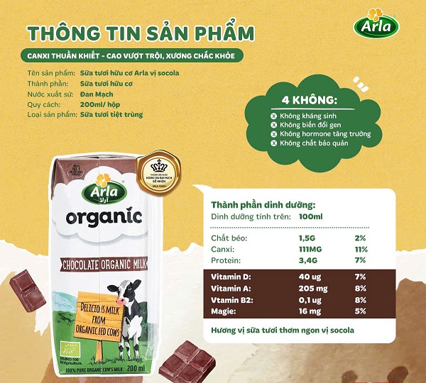 Sữa tươi Arla Organic vị Chocolate hộp 200ml