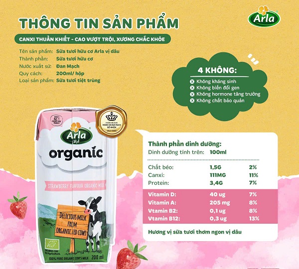 Sữa tươi Arla Organic vị Dâu hộp 200ml