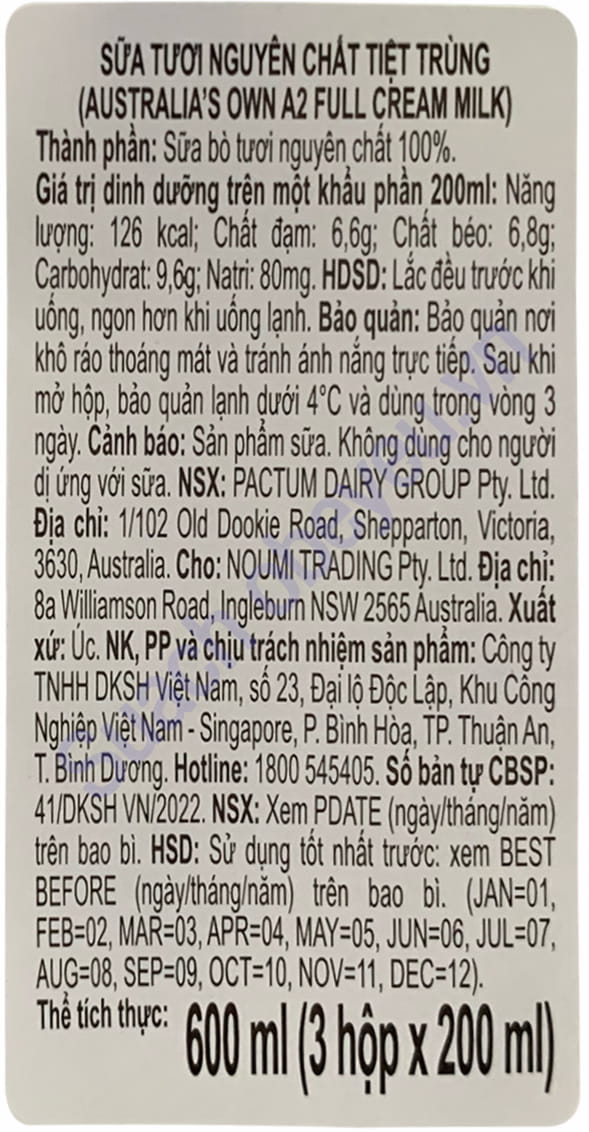 Sữa tươi Australia's Own A2 nguyên kem hộp 200ml