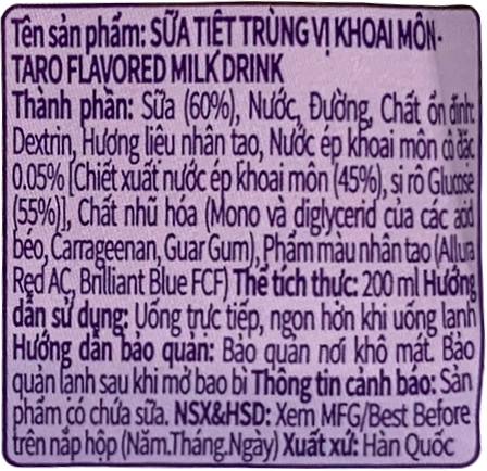 Sữa Binggrae Hàn Quốc hương khoai môn hộp 200ml